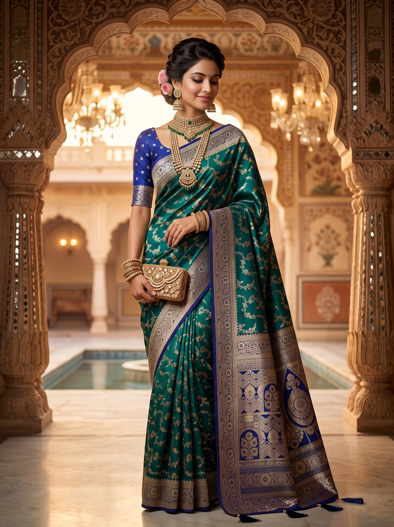 Royal Emerald Green Art Silk Banarasi Saree with Sapphire Blue Contrast Border & Pallu