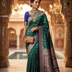 Royal Emerald Green Art Silk Banarasi Saree with Sapphire Blue Contrast Border & Pallu