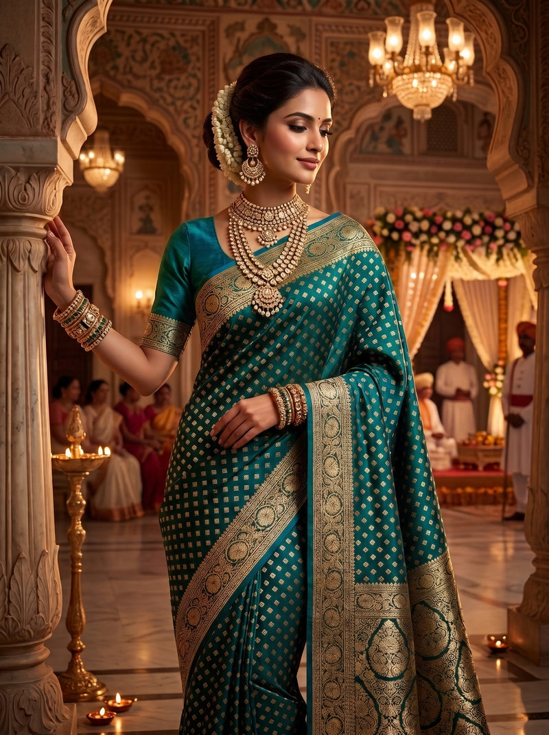 Teal Blue Banarasi Silk Saree with Golden Zari Butti Work, Broad Woven Border & Rich Designer Pallu for Women