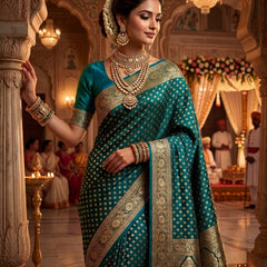 Teal Blue Banarasi Silk Saree with Golden Zari Butti Work, Broad Woven Border & Rich Designer Pallu for Women
