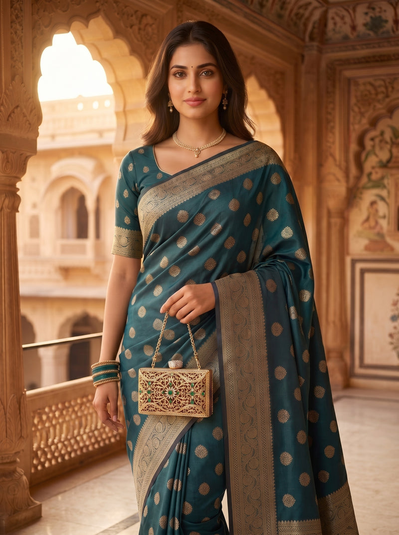 Teal Green Banarasi Silk Saree with Golden Zari Butti Work, Woven Border & Rich Pallu for Women