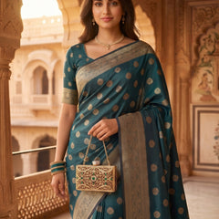 Teal Green Banarasi Silk Saree with Golden Zari Butti Work, Woven Border & Rich Pallu for Women