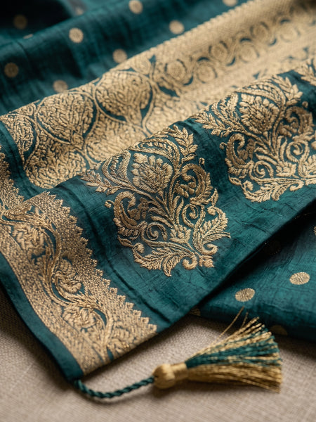 Teal Green Banarasi Silk Saree with Golden Zari Butti Work, Woven Border & Rich Pallu for Women