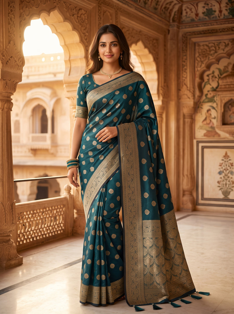 Teal Green Banarasi Silk Saree with Golden Zari Butti Work, Woven Border & Rich Pallu for Women