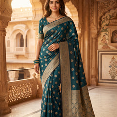 Teal Green Banarasi Silk Saree with Golden Zari Butti Work, Woven Border & Rich Pallu for Women