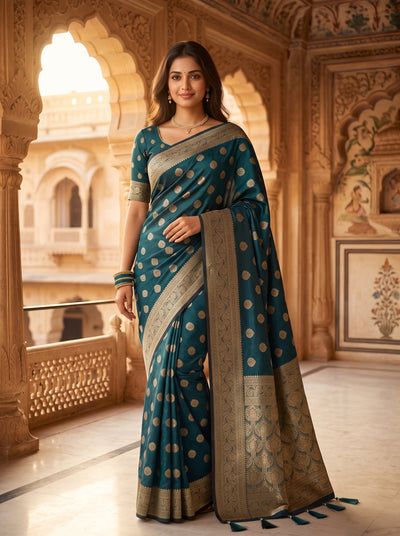 Morpich Banarasi Silk Saree with Golden Zari Butti Work, Woven Border & Rich Pallu for Women
