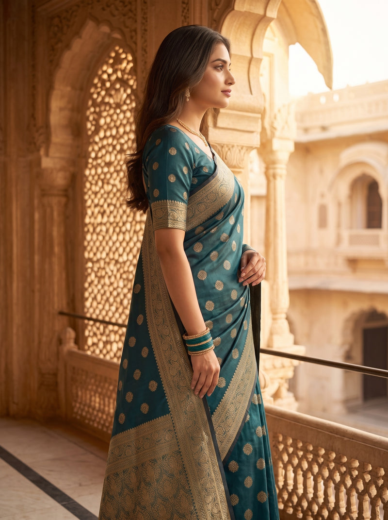 Teal Green Banarasi Silk Saree with Golden Zari Butti Work, Woven Border & Rich Pallu for Women