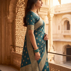 Teal Green Banarasi Silk Saree with Golden Zari Butti Work, Woven Border & Rich Pallu for Women