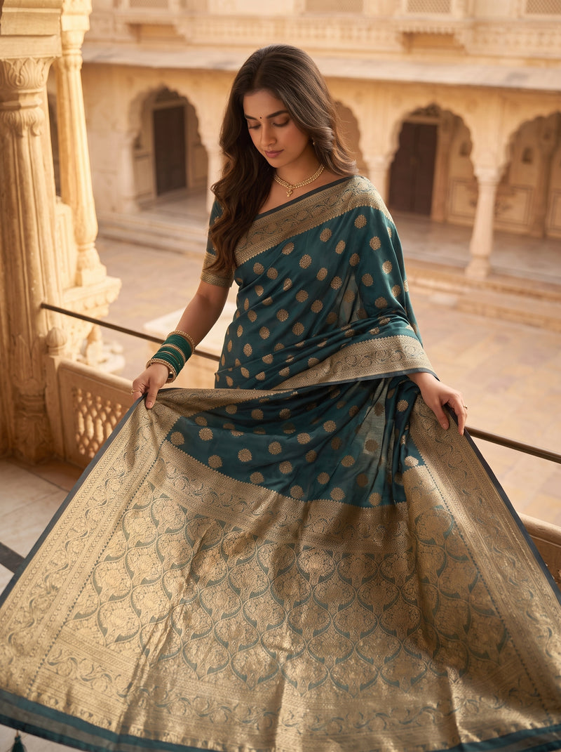 Teal Green Banarasi Silk Saree with Golden Zari Butti Work, Woven Border & Rich Pallu for Women
