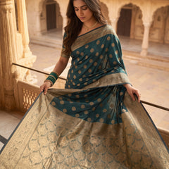 Teal Green Banarasi Silk Saree with Golden Zari Butti Work, Woven Border & Rich Pallu for Women