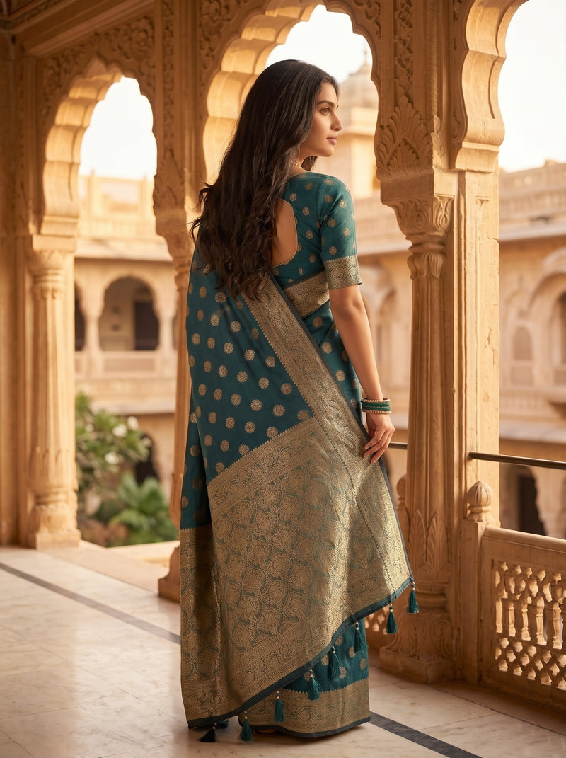 Teal Green Banarasi Silk Saree with Golden Zari Butti Work, Woven Border & Rich Pallu for Women
