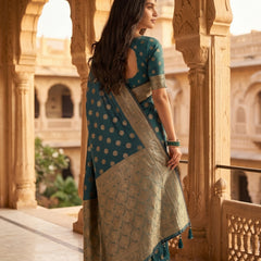 Teal Green Banarasi Silk Saree with Golden Zari Butti Work, Woven Border & Rich Pallu for Women