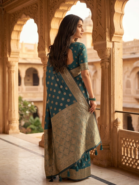 Teal Green Banarasi Silk Saree with Golden Zari Butti Work, Woven Border & Rich Pallu for Women