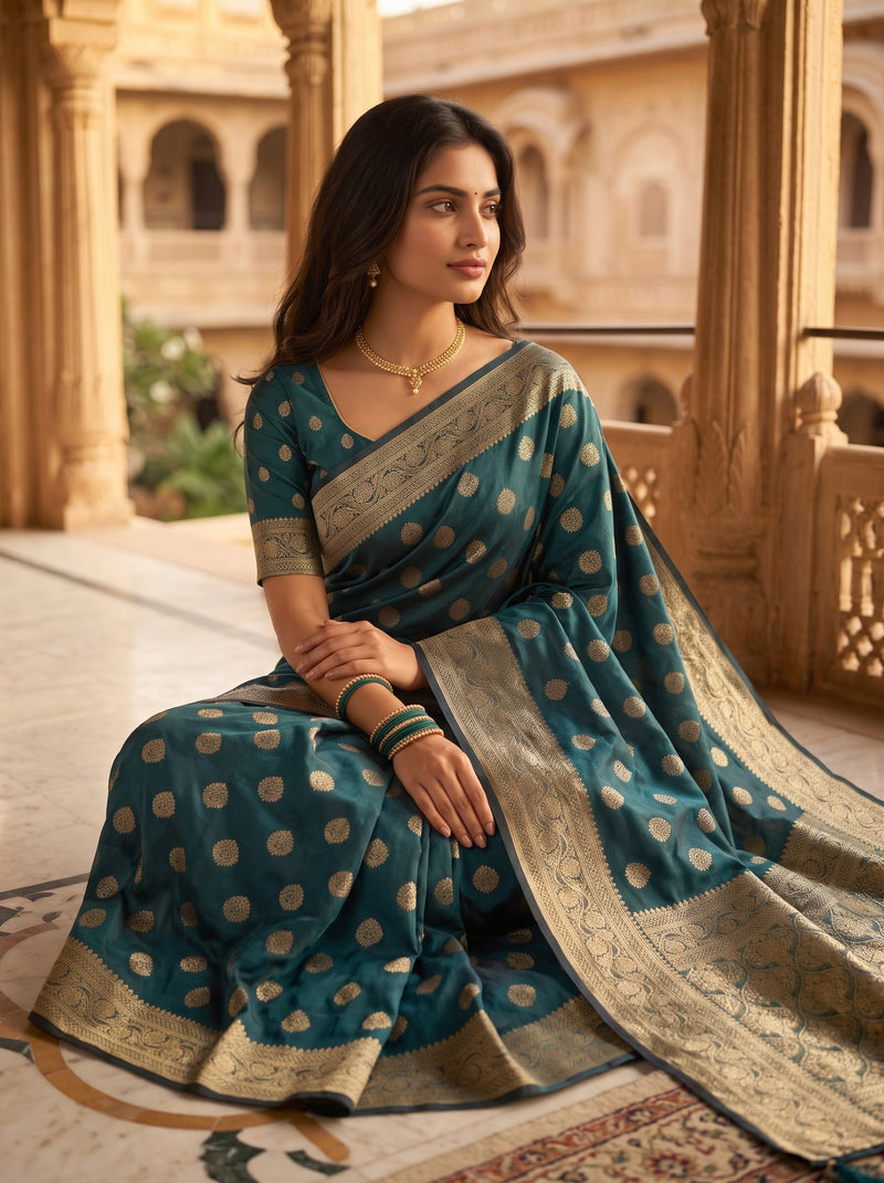 Teal Green Banarasi Silk Saree with Golden Zari Butti Work, Woven Border & Rich Pallu for Women