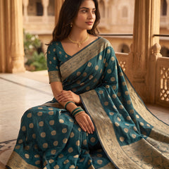 Teal Green Banarasi Silk Saree with Golden Zari Butti Work, Woven Border & Rich Pallu for Women