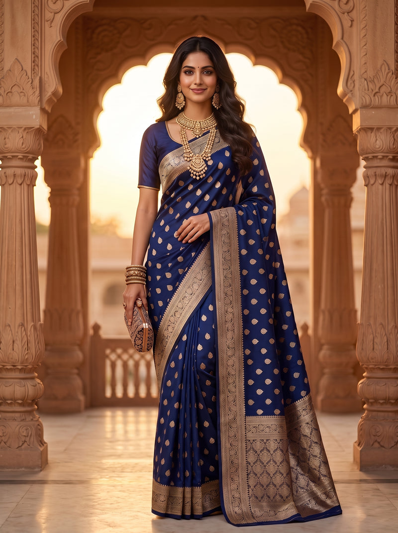 Royal Navy Blue Banarasi Silk Saree with Golden Zari Butti Work, Woven Border & Rich Traditional Pallu for Women