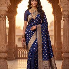 Royal Navy Blue Banarasi Silk Saree with Golden Zari Butti Work, Woven Border & Rich Traditional Pallu for Women