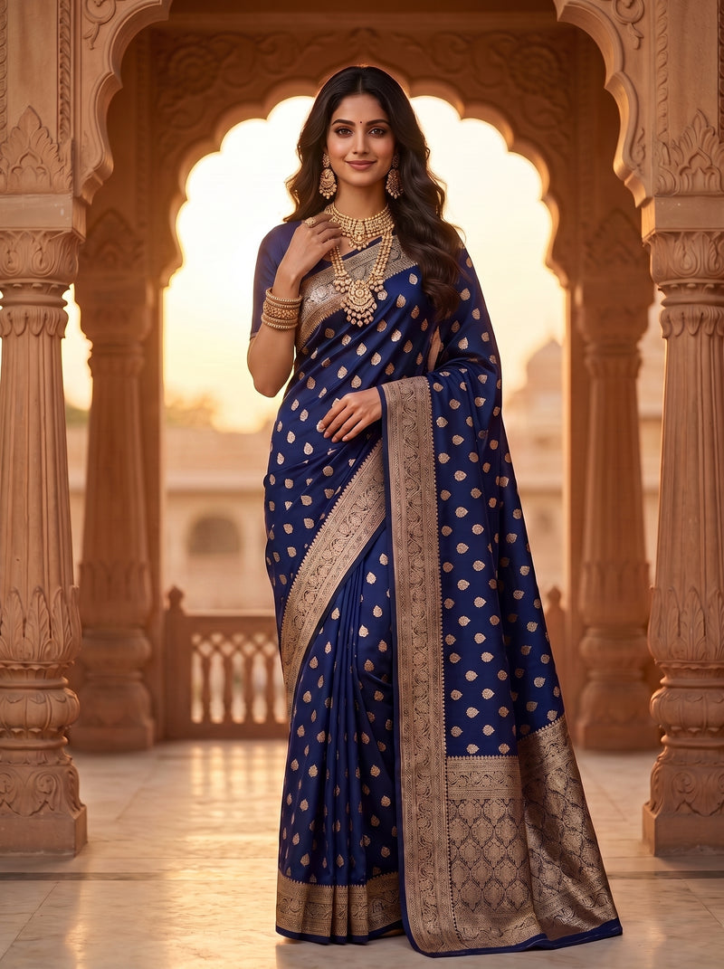 Royal Navy Blue Banarasi Silk Saree with Golden Zari Butti Work, Woven Border & Rich Traditional Pallu for Women