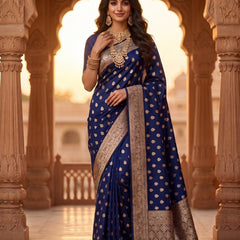 Royal Navy Blue Banarasi Silk Saree with Golden Zari Butti Work, Woven Border & Rich Traditional Pallu for Women