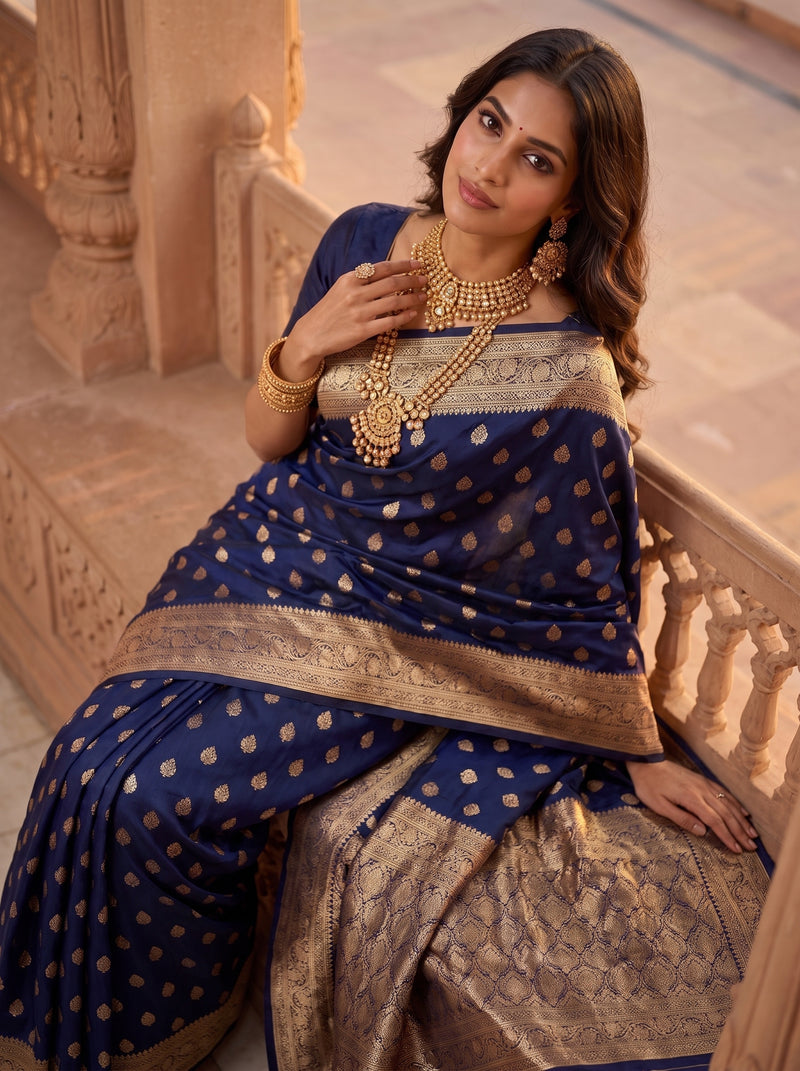 Royal Navy Blue Banarasi Silk Saree with Golden Zari Butti Work, Woven Border & Rich Traditional Pallu for Women