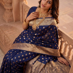 Royal Navy Blue Banarasi Silk Saree with Golden Zari Butti Work, Woven Border & Rich Traditional Pallu for Women