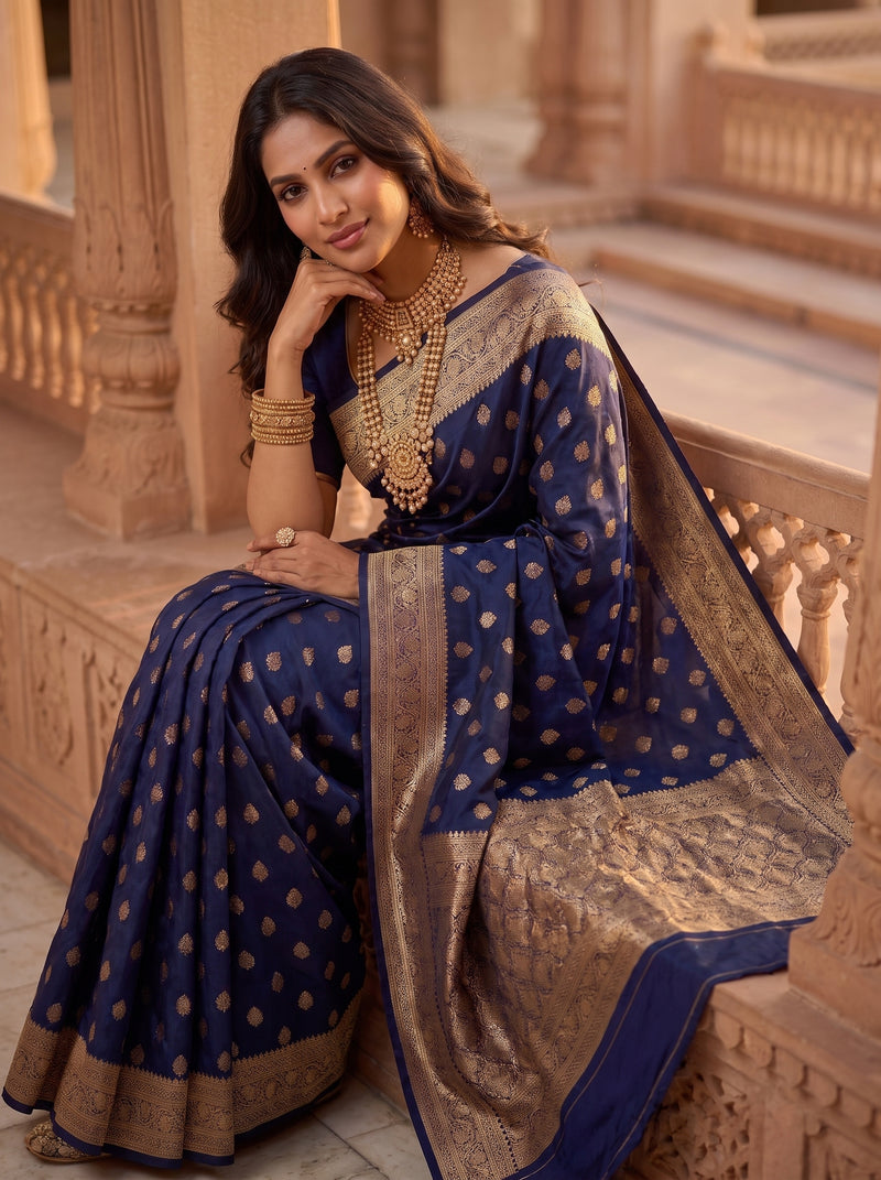 Royal Navy Blue Banarasi Silk Saree with Golden Zari Butti Work, Woven Border & Rich Traditional Pallu for Women