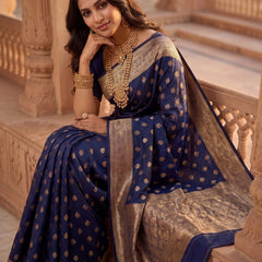 Royal Navy Blue Banarasi Silk Saree with Golden Zari Butti Work, Woven Border & Rich Traditional Pallu for Women