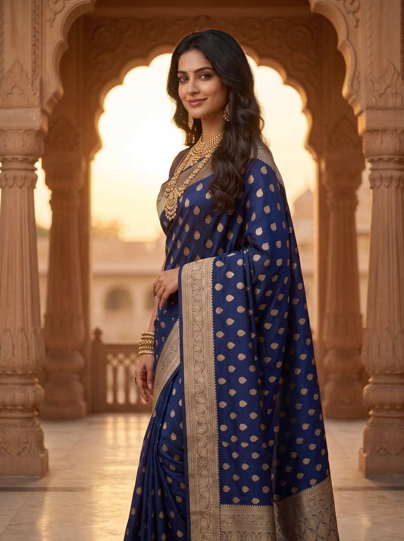 Royal Navy Blue Banarasi Silk Saree with Golden Zari Butti Work, Woven Border & Rich Traditional Pallu for Women