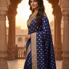 Royal Navy Blue Banarasi Silk Saree with Golden Zari Butti Work, Woven Border & Rich Traditional Pallu for Women