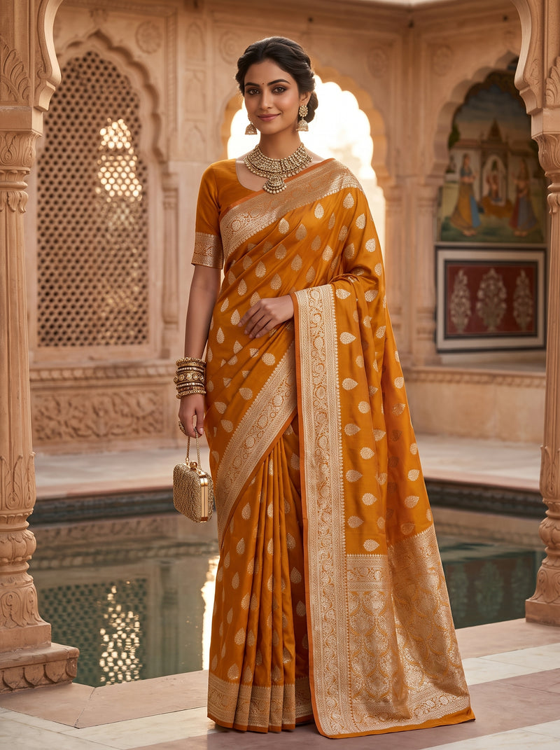 Mustard Yellow Banarasi Silk Saree with Golden Zari Butti Work, Woven Border & Traditional Designer Pallu for Women