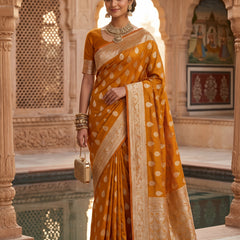 Mustard Yellow Banarasi Silk Saree with Golden Zari Butti Work, Woven Border & Traditional Designer Pallu for Women