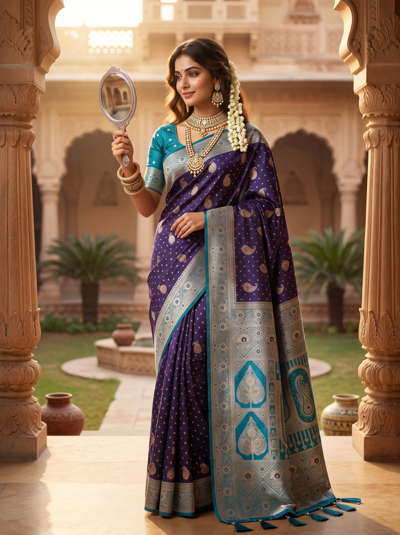 Deep Violet Purple Art Silk Banarasi Saree with Teal Blue Contrast Border & Blouse Piece