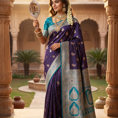 Deep Violet Purple Art Silk Banarasi Saree with Teal Blue Contrast Border & Blouse Piece