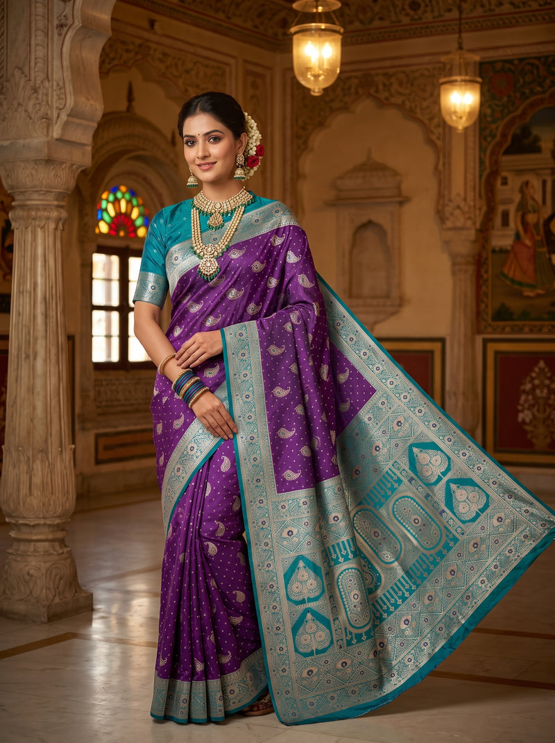 Royal Purple Art Silk Banarasi Saree with Peacock Blue Contrast Border & Blouse Piece