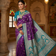 Royal Purple Art Silk Banarasi Saree with Peacock Blue Contrast Border & Blouse Piece