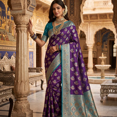 Majestic Bottle Green Art Silk Banarasi Saree with Crimson Red Contrast Border & Blouse Piece