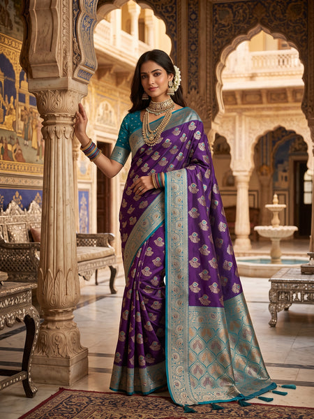 Majestic Bottle Green Art Silk Banarasi Saree with Crimson Red Contrast Border & Blouse Piece