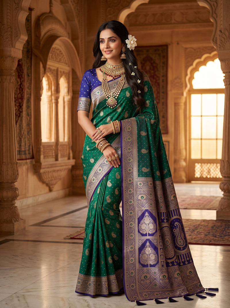 Royal Peacock Green Art Silk Banarasi Saree with Purple Contrast Border & Blouse Piece