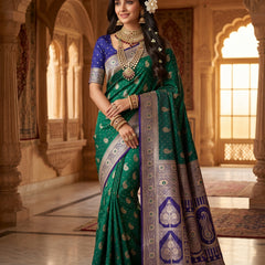 Royal Peacock Green Art Silk Banarasi Saree with Purple Contrast Border & Blouse Piece