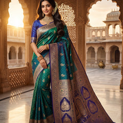 Royal Peacock Green Art Silk Banarasi Saree with Purple Contrast Border & Blouse Piece