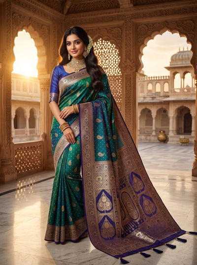 Peacock Green Art Silk Banarasi Saree with Purple Contrast Border & Blouse Piece