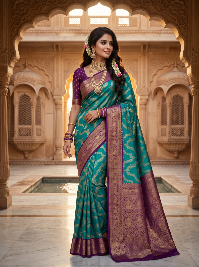 Peacock Teal Blue Art Silk Banarasi Saree with Deep Purple Contrast Pallu & Blouse Piece