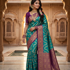 Peacock Teal Blue Art Silk Banarasi Saree with Deep Purple Contrast Pallu & Blouse Piece