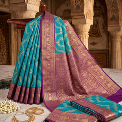 Peacock Teal Blue Art Silk Banarasi Saree with Deep Purple Contrast Pallu & Blouse Piece