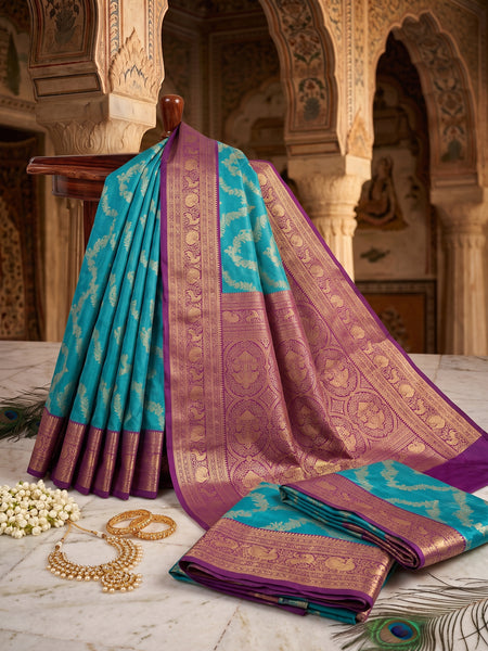 Peacock Teal Blue Art Silk Banarasi Saree with Deep Purple Contrast Pallu & Blouse Piece