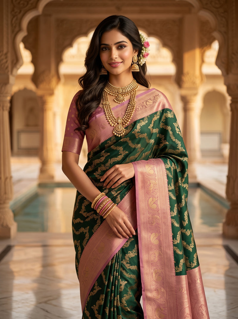 Bottle Green Art Silk Banarasi Saree with Dusty Pink Contrast Border & Blouse Piece