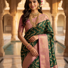 Bottle Green Art Silk Banarasi Saree with Dusty Pink Contrast Border & Blouse Piece