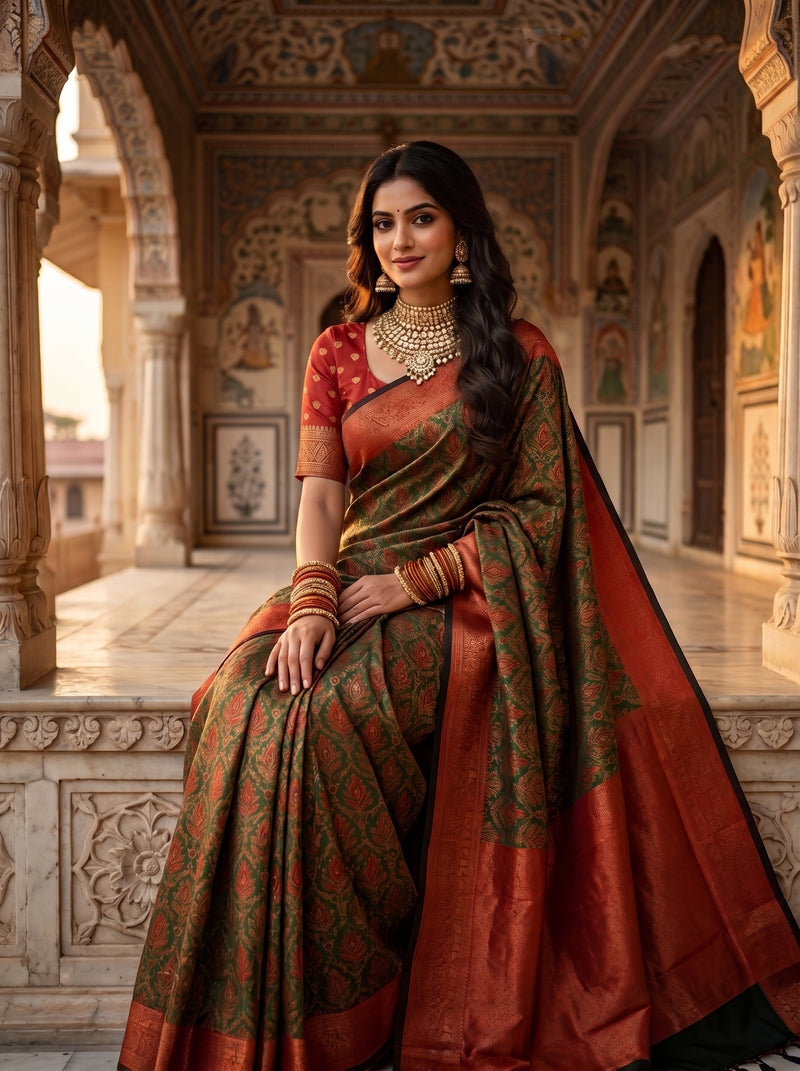 Olive Green & Rust Orange Jacquard Woven Saree with Rich Zari Border & Pallu