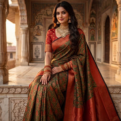Olive Green & Rust Orange Jacquard Woven Saree with Rich Zari Border & Pallu