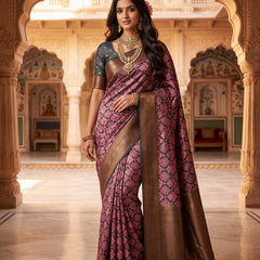 Magenta & Green Jacquard Woven Saree with Rich Copper Zari Border & Pallu